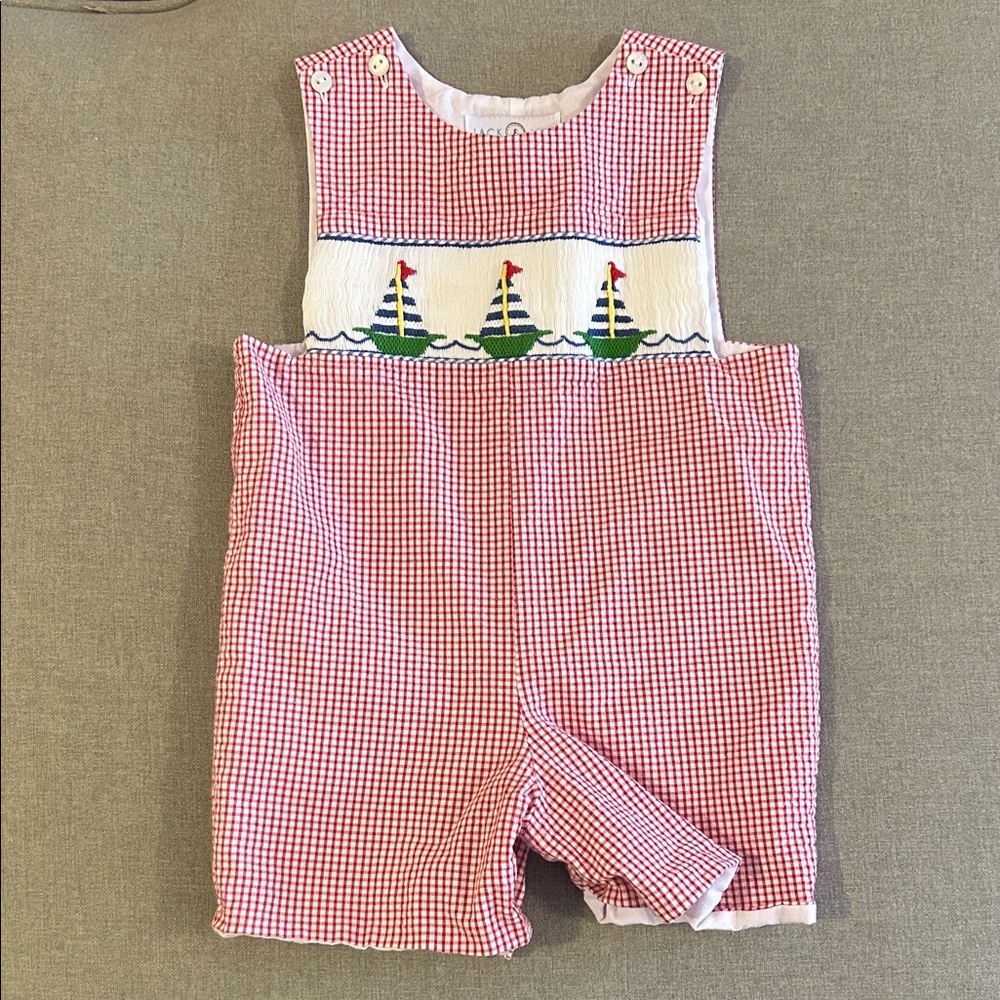 Red Gingham Baby Romper Shortall Jon Jon with Sailboat Smocked Design